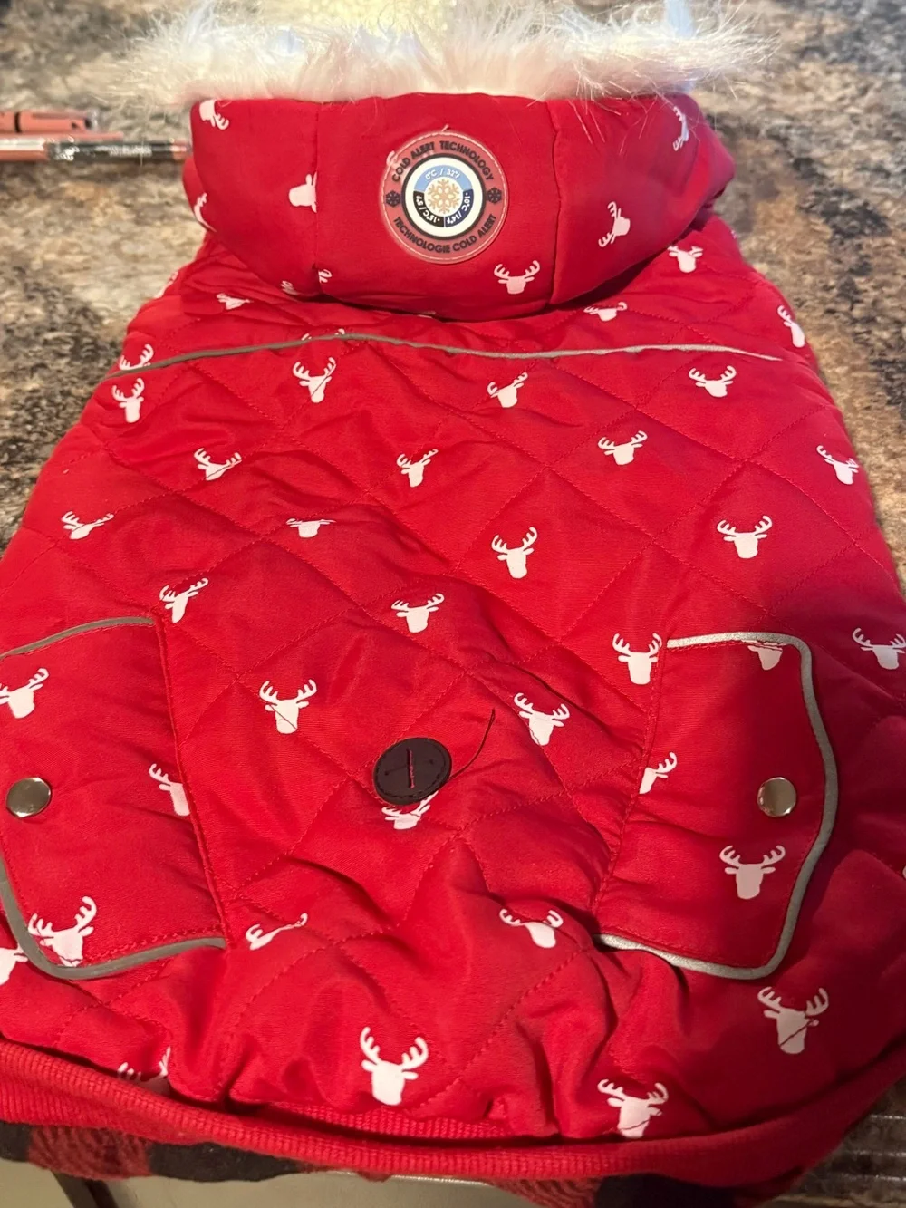 Red Quilted Dog Coat with Faux Fur Hood and Buffalo Plaid Lining